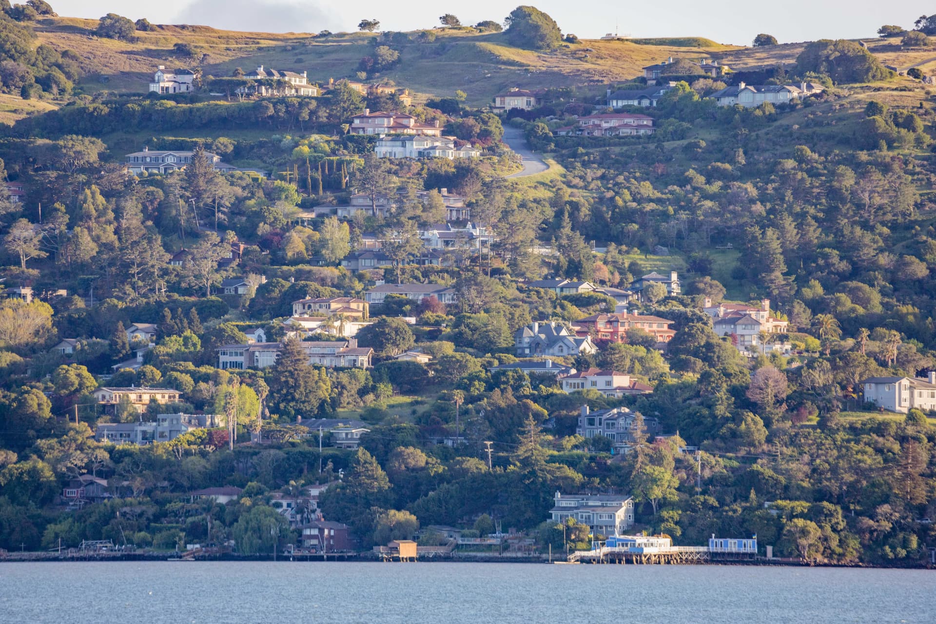 Densely built Tiburon hillside homes stepping down toward the Bay
