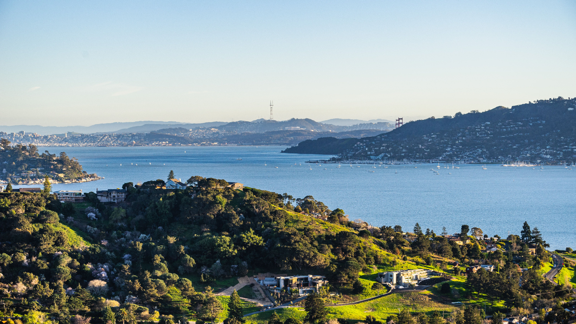 View across Tiburon and the Bay toward the San Francisco skyline