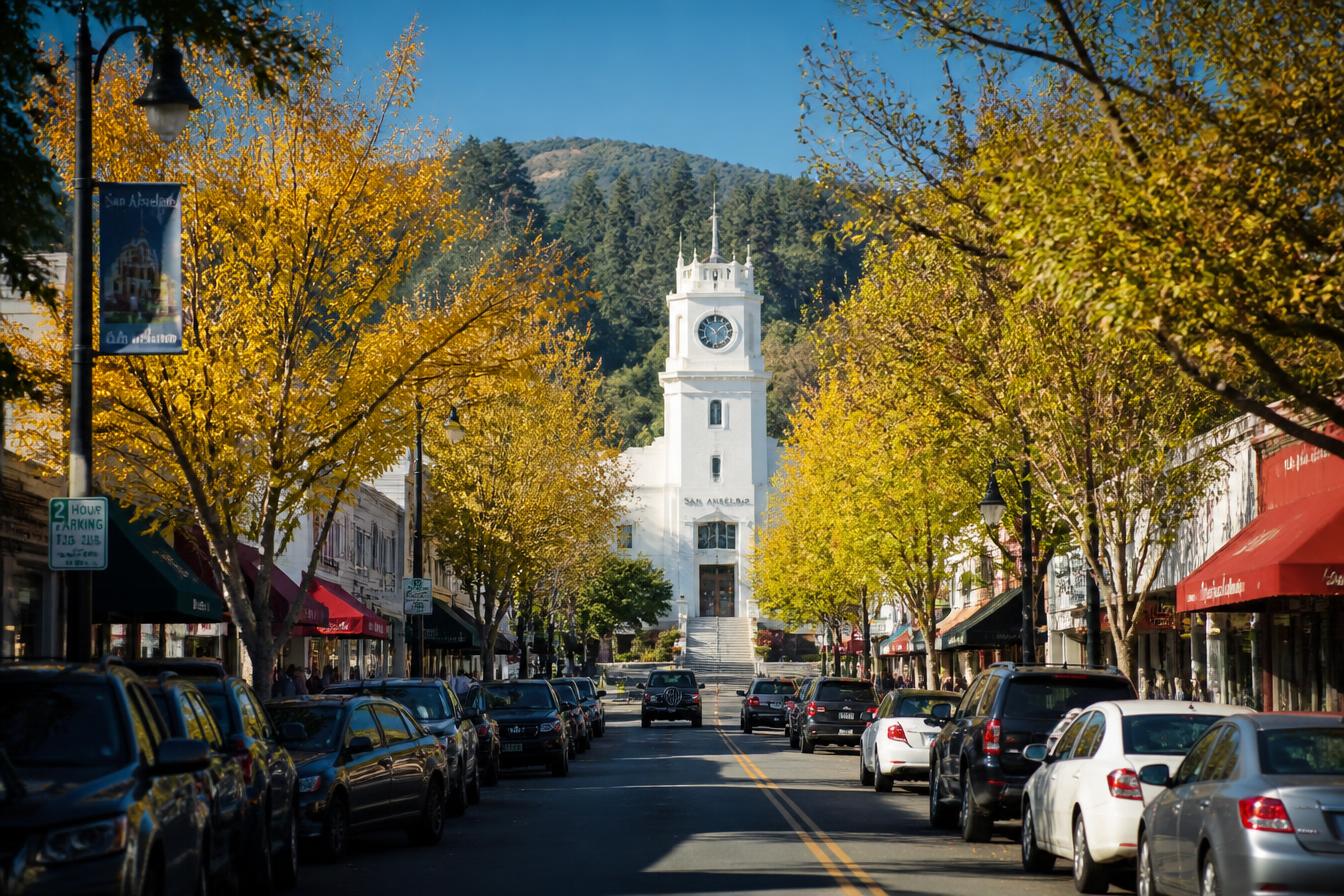 Sunny downtown San Anselmo street with the iconic white clock tower, shops, parked cars, and fall foliage against forested hills